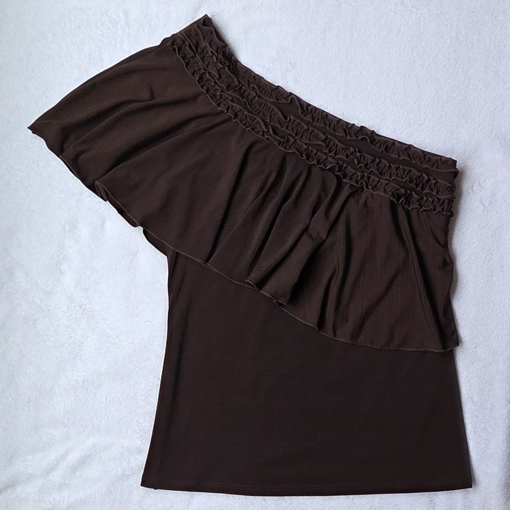 Y2K Soulmates Brown One Shoulder Ruffle Top Womens L Asymmetrical Boho Party Top